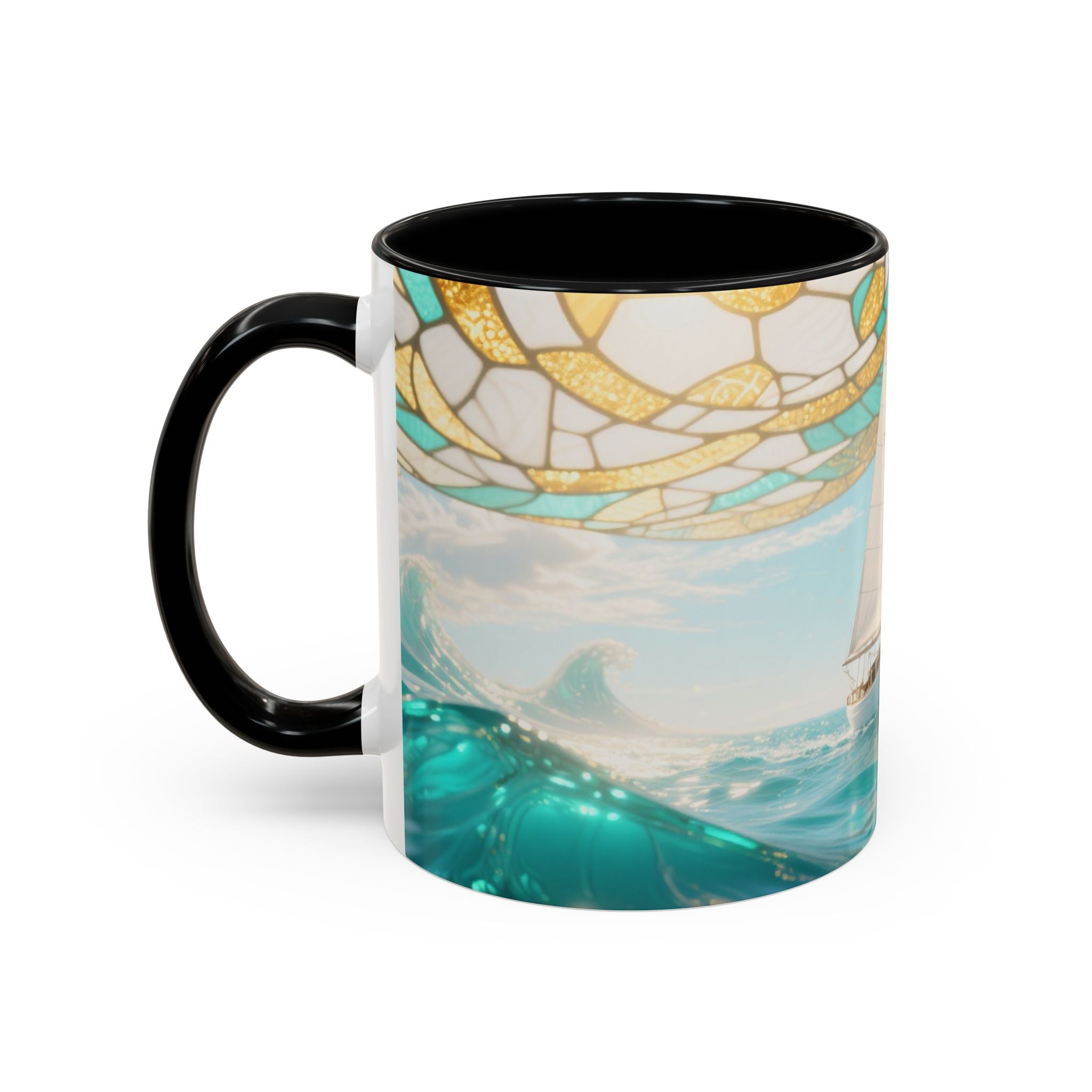 Sailboat Ocean Waves Accent Coffee Mug — Nautical Sea Morning Tea Cup US
