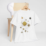 The Celestial Gold Star Map T-Shirt being worn outdoors, emphasizing its breathable cotton fabric.