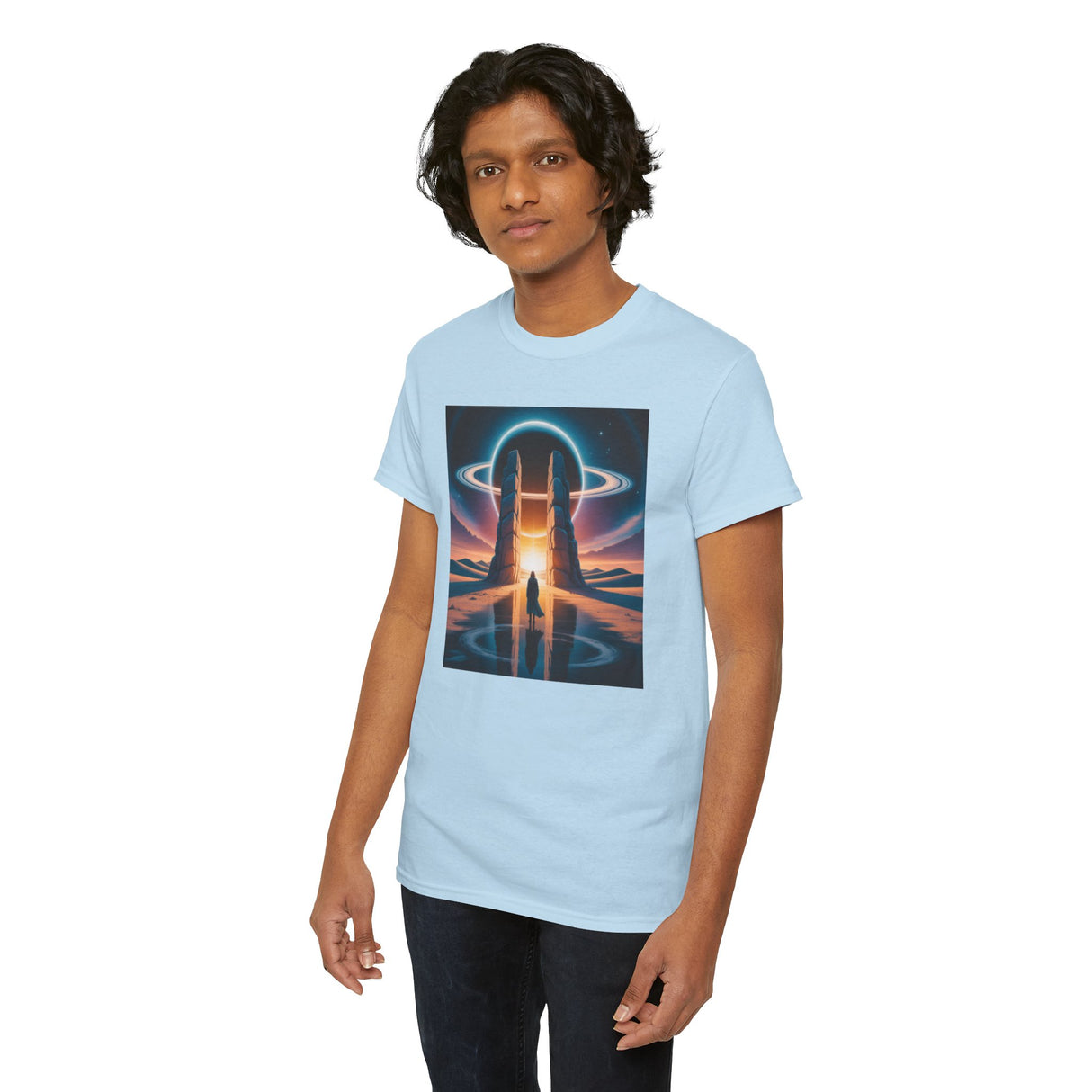 The Sci-Fi Gateway T-Shirt styled with layered accessories, emphasizing versatility for any occasion.