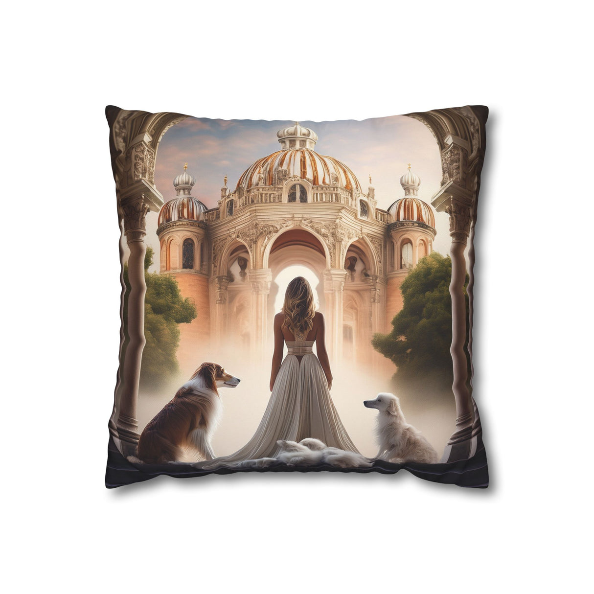 Fantasy Palace Pillowcase on a cozy couch, highlighting its serene artwork and hidden zipper for easy cover changes.