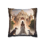 Fantasy Palace Pillowcase on a cozy couch, highlighting its serene artwork and hidden zipper for easy cover changes.