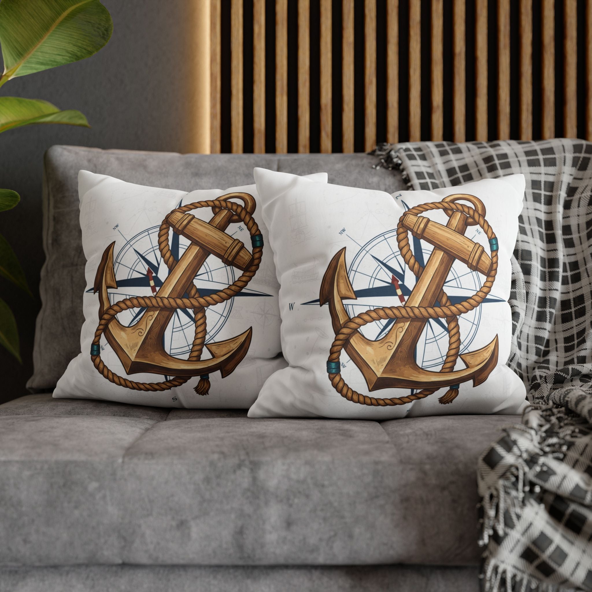 Nautical Anchor &amp; Compass Square Pillowcase — Coastal Sailor Decorative Throw Pillow