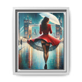 Framed Matte Canvas Print — Red Coat Woman in Rainy Cityscape, capturing the vibrant colors and textures of a rainy city environment.
