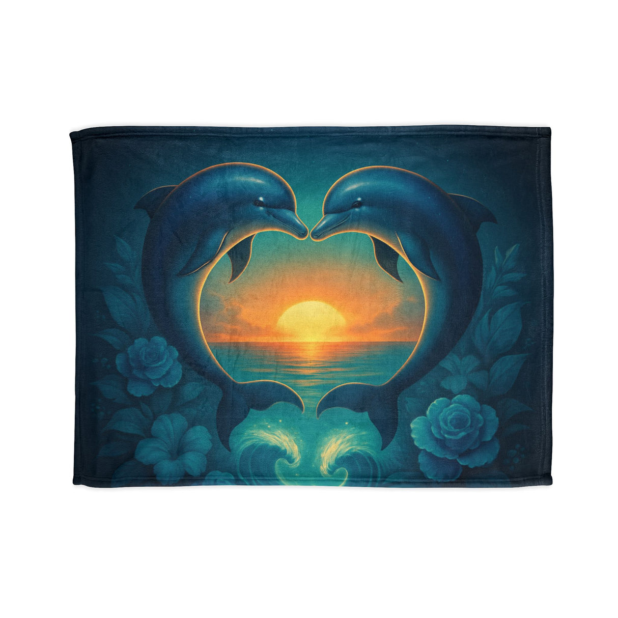 Dolphin Heart Sunset Blanket — Cozy Ocean Sunset Throw illustrating a warm sunset and dolphins, perfect for a cozy evening.