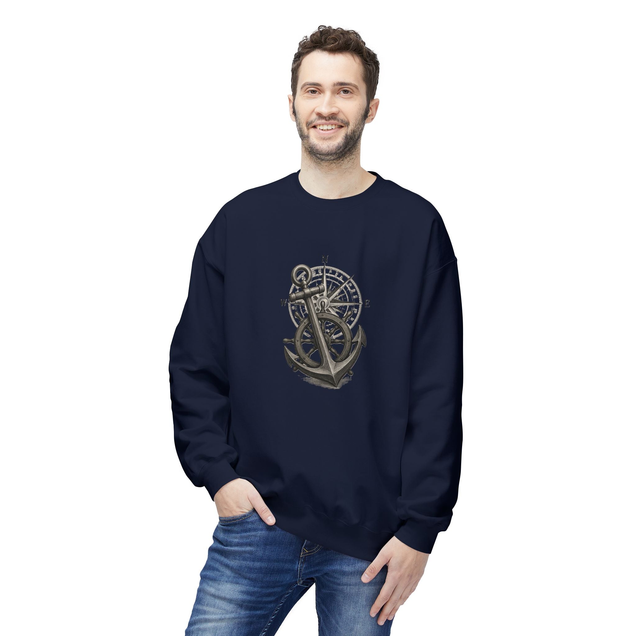Nautical Anchor &amp; Compass Crewneck Sweatshirt Maritime Emblem US