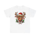 Close-up of the Christmas Reindeer Tee showcasing Rudolph's face in a Santa hat, perfect for holiday festivities.