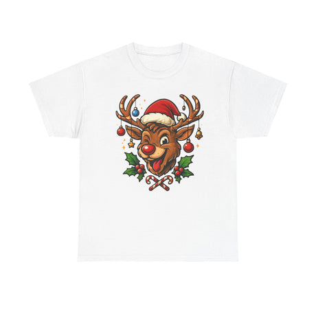 Close-up of the Christmas Reindeer Tee showcasing Rudolph's face in a Santa hat, perfect for holiday festivities.