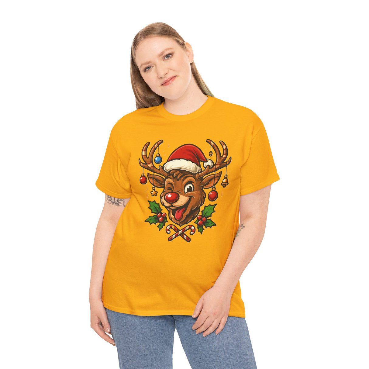 Versatile styling of the Christmas Reindeer Tee with a cardigan, perfect for holiday gatherings and events.