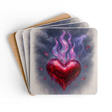 Stylish Flaming Heart Cork Coaster Set enhancing everyday drinkware, protecting tables while showcasing gothic romantic design.