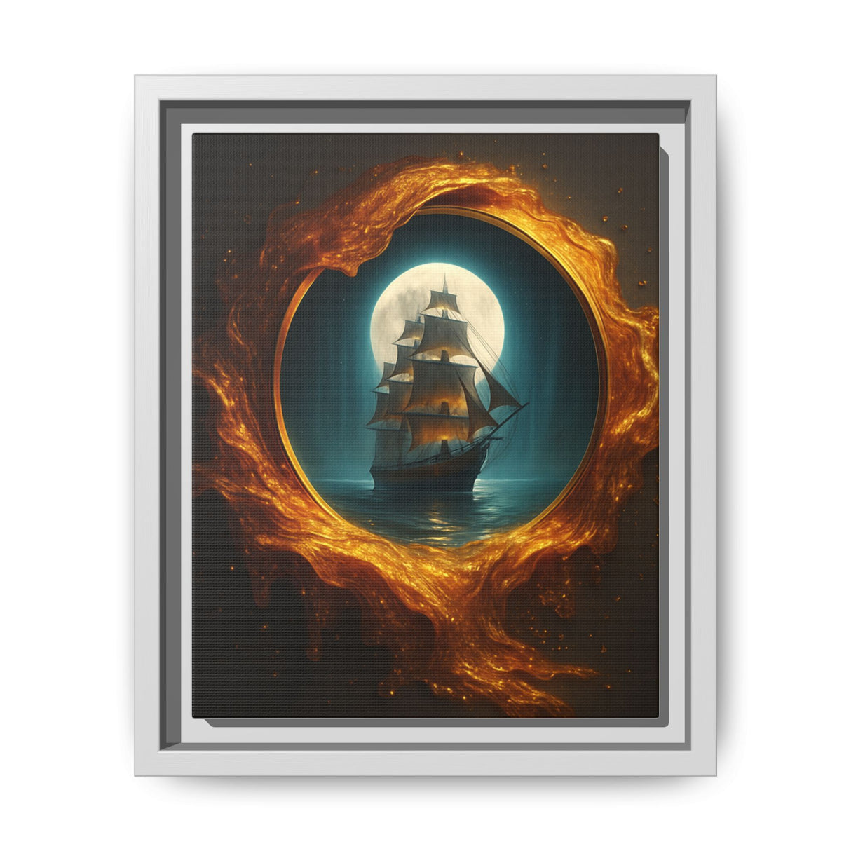 Framed Matte Canvas - Moonlit Pirate Ship with Fiery Vortex, displayed in a cozy reading nook.