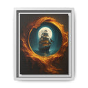 Framed Matte Canvas - Moonlit Pirate Ship with Fiery Vortex, displayed in a cozy reading nook.