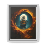 Framed Matte Canvas - Moonlit Pirate Ship with Fiery Vortex, displayed in a cozy reading nook.