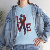 LOVE Couple Silhouette T-Shirt — Romantic Dripping Love Design resting on a surface displaying its unique artistry.