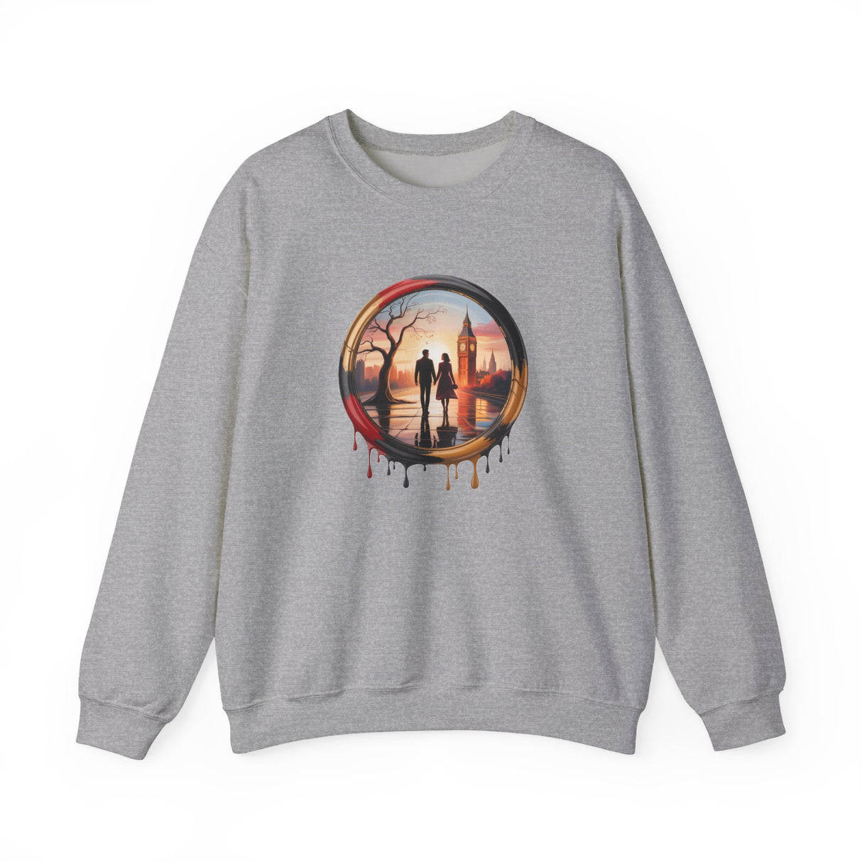 Stylish close-up of the ribbed collar and artwork of the Sweatshirt Men - Sunset Couple Silhouette in Dripping Circle.