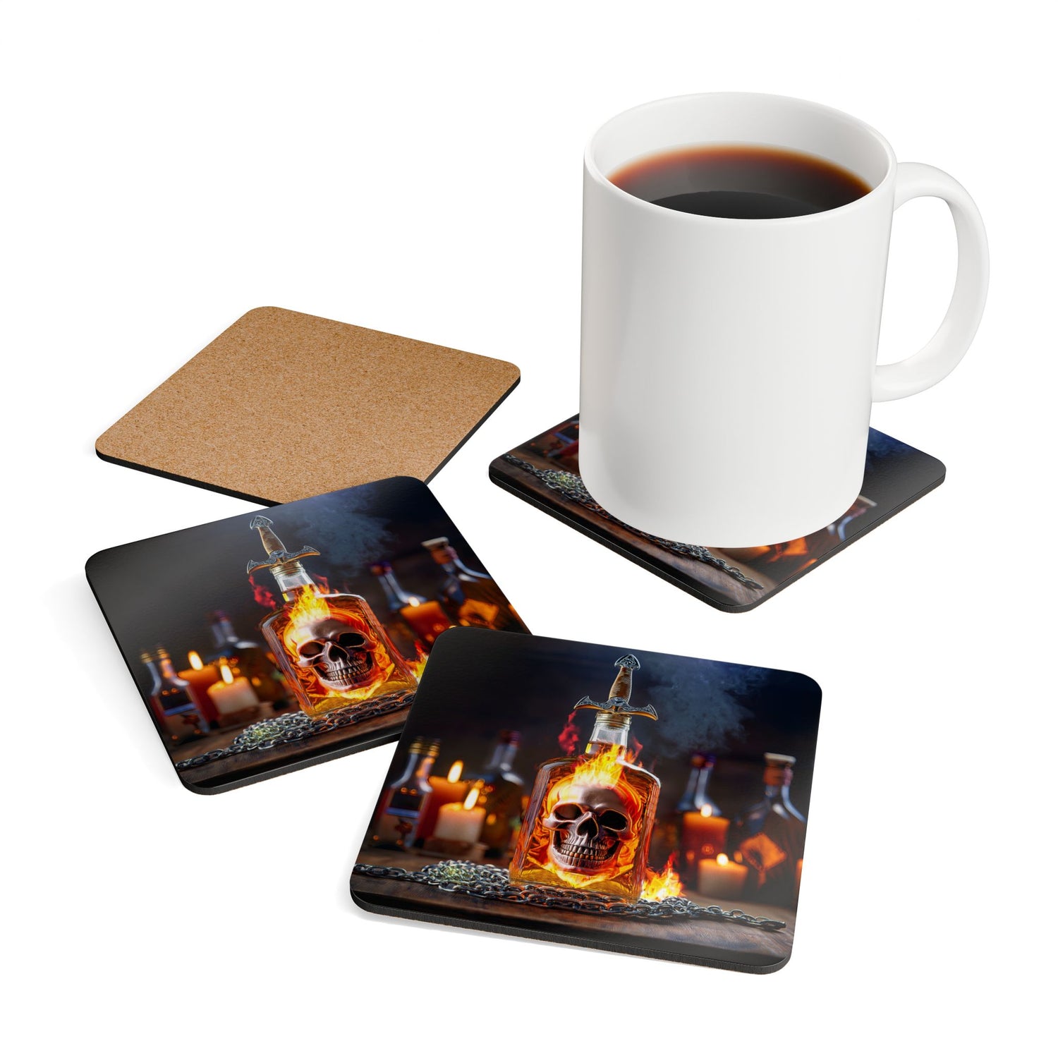 Set of four Flaming Skull Bottle Cork Coasters, showcasing moody candlelight and gothic imagery for Halloween gatherings.