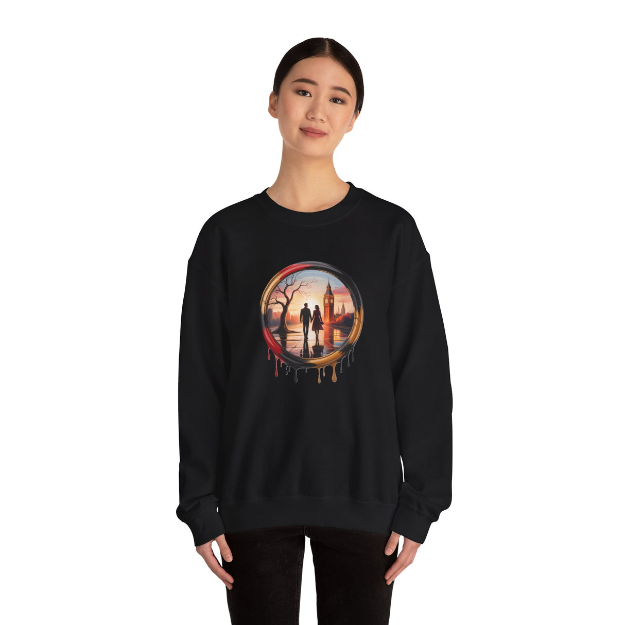 Model wearing the Crewneck Sweatshirt with Sunset Couple Silhouette in Dripping Circle, perfect for casual outings or cozy evenings.