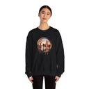 Model wearing the Crewneck Sweatshirt with Sunset Couple Silhouette in Dripping Circle, perfect for casual outings or cozy evenings.