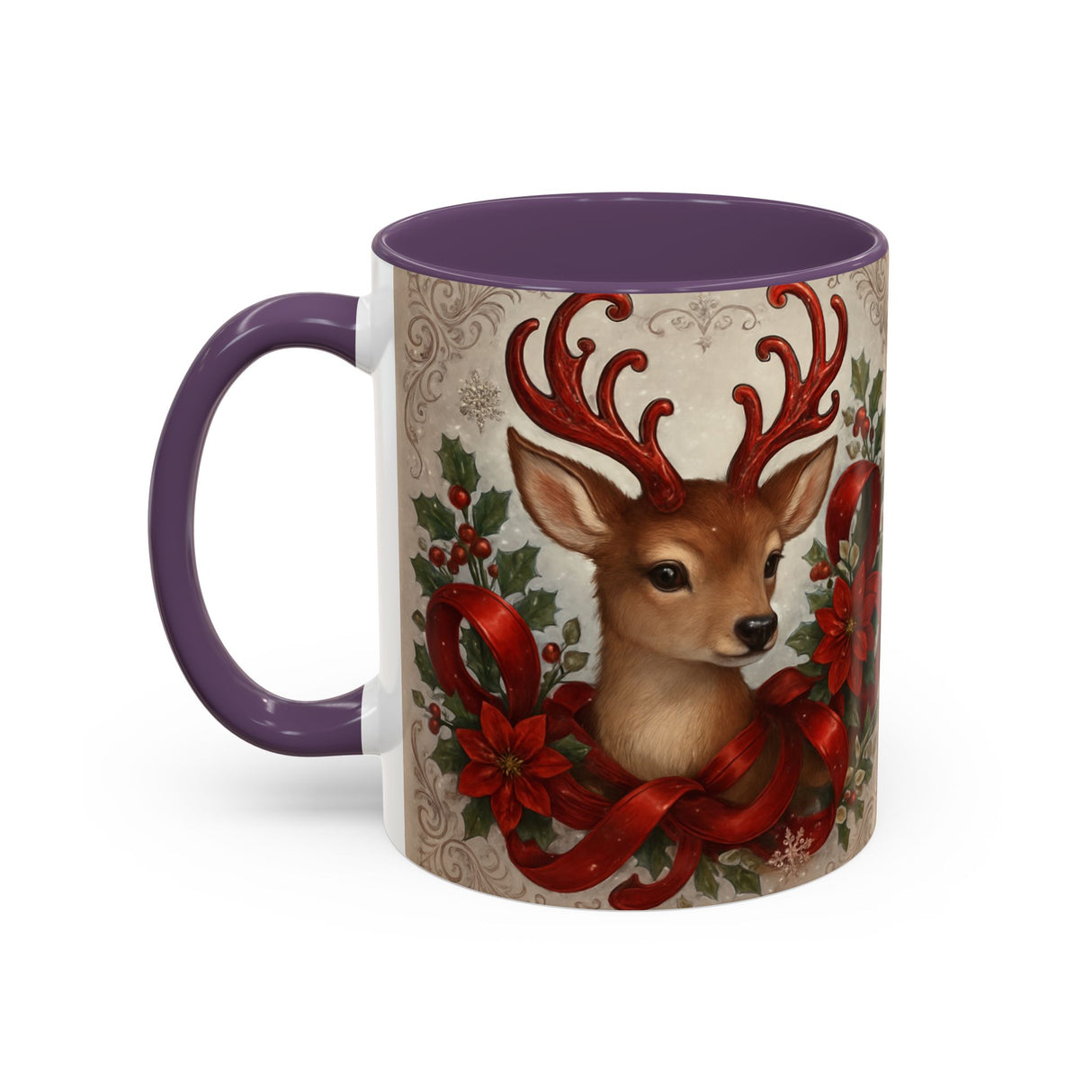Side view of the Christmas Reindeer Coffee Mug highlighting its artful design and glossy finish.