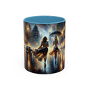 Elegant Nighttime Cityscape Coffee Mug set against a nighttime city background, perfect for coffee lovers.