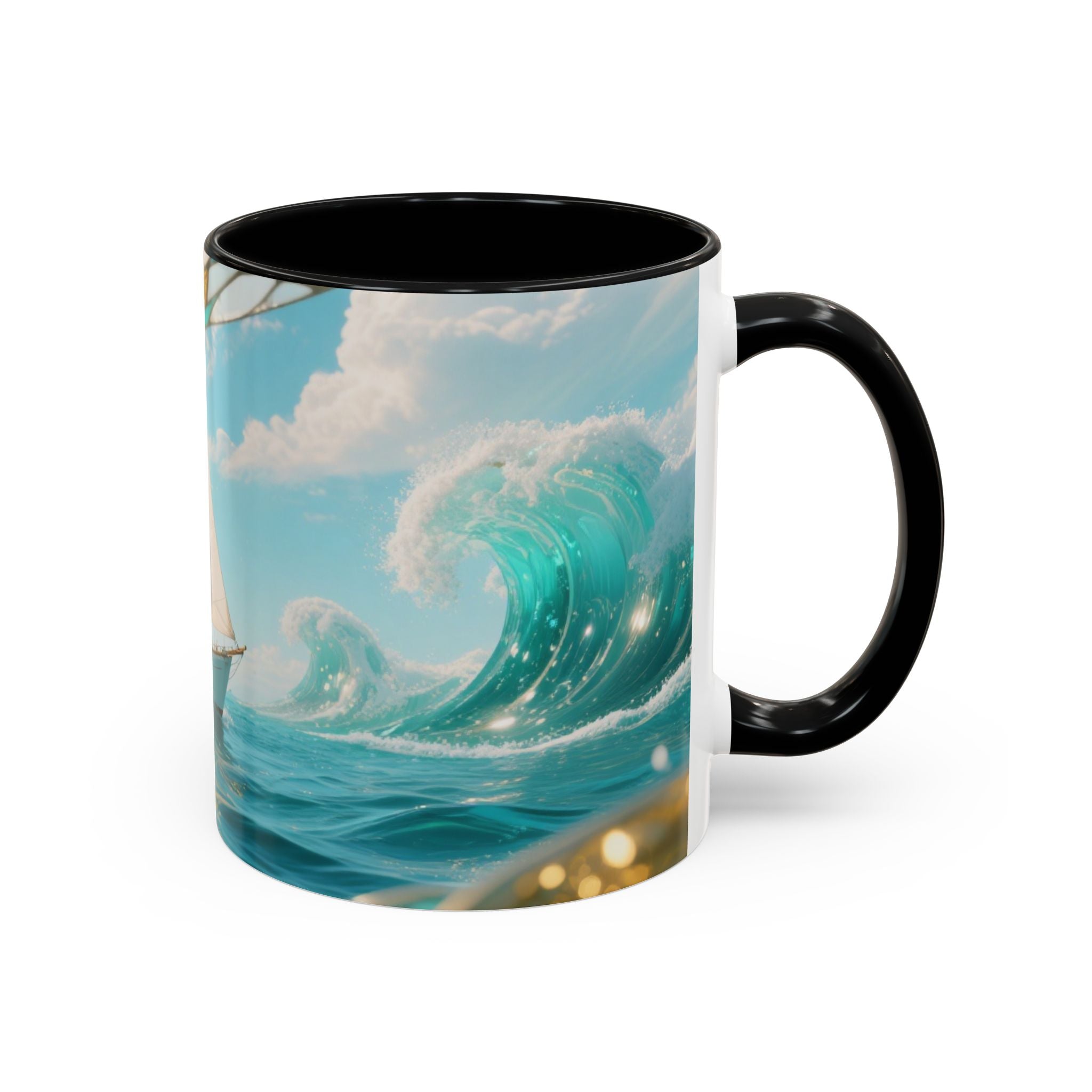 Sailboat Ocean Waves Accent Coffee Mug — Nautical Sea Morning Tea Cup US