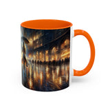 Elegant Nighttime Cityscape Coffee Mug featured in a home office, perfect for coffee lovers working from home.