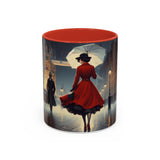 Elegant Red Dress Coffee Mug in 15oz size, ideal for tea or coffee with vibrant artistic print.