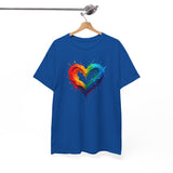 Rainbow Drip Heart T-Shirt displayed on a model showcasing a vibrant colorful heart design, perfect for casual wear.