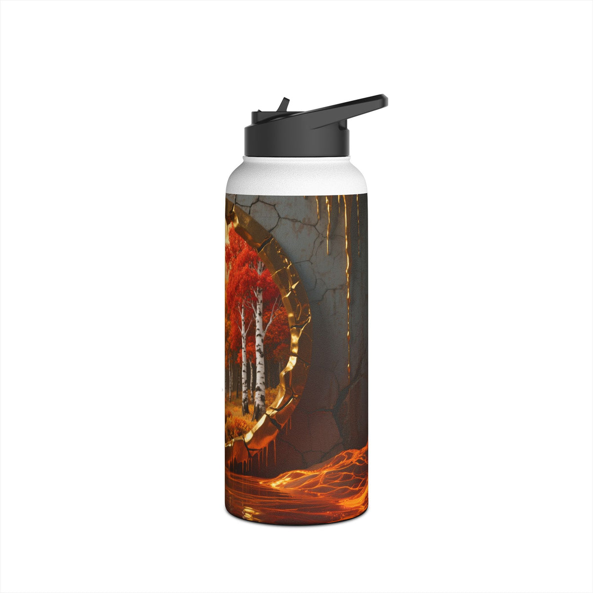 Autumn Voyage Stainless Steel Water Bottle's rugged stainless steel body against a backdrop of nature.