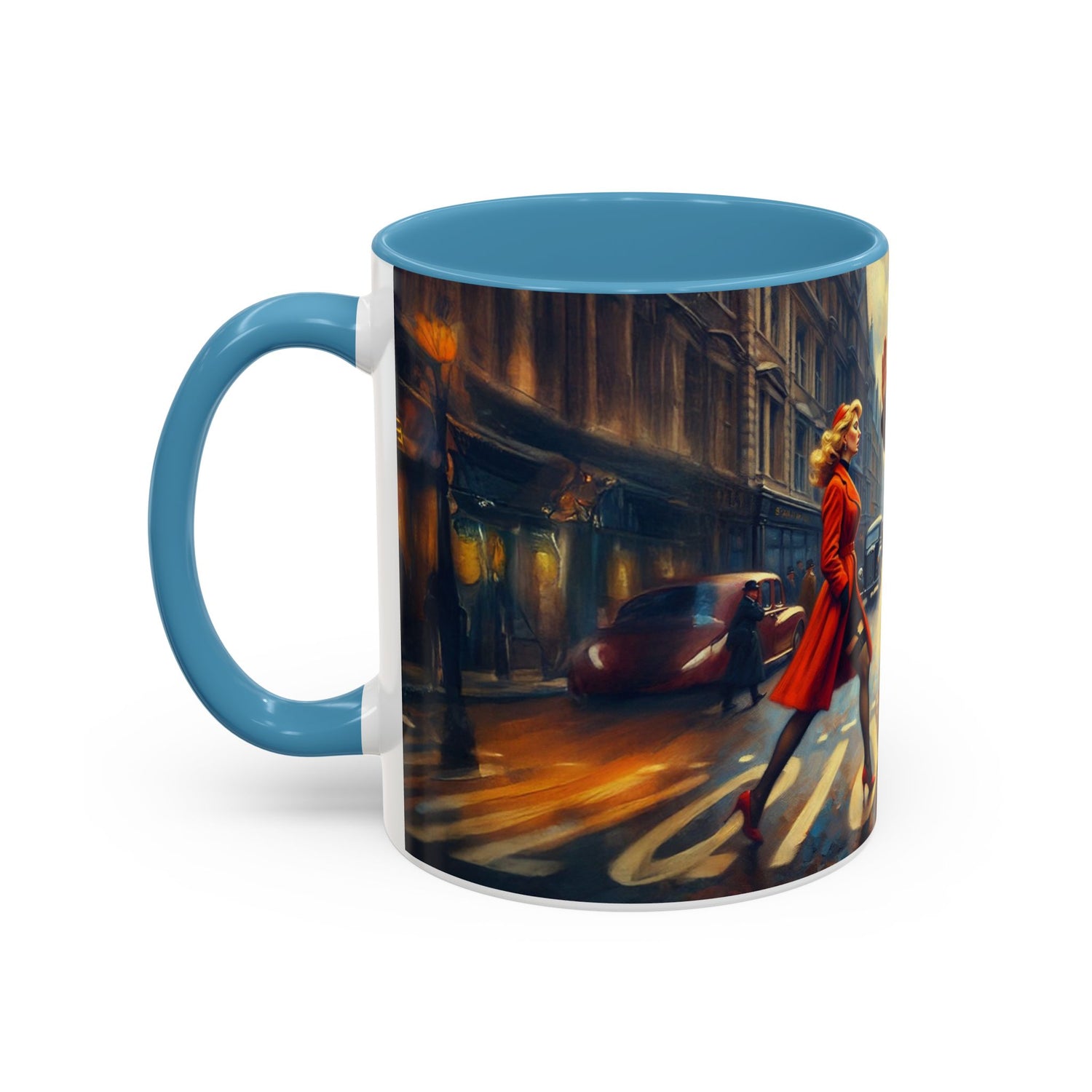 Vintage-Inspired Cityscape Accent Coffee Mug - 11oz &amp; 15oz displayed beautifully on a kitchen counter.