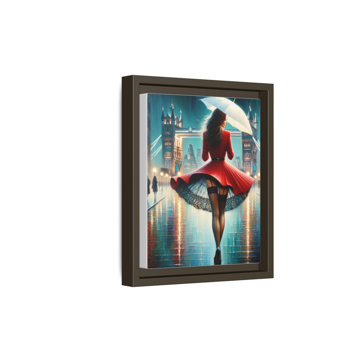 Framed Matte Canvas Print — Red Coat Woman in Rainy Cityscape, creating a moody atmosphere perfect for home décor.