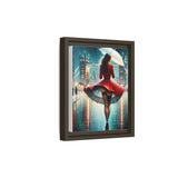 Framed Matte Canvas Print — Red Coat Woman in Rainy Cityscape, creating a moody atmosphere perfect for home décor.