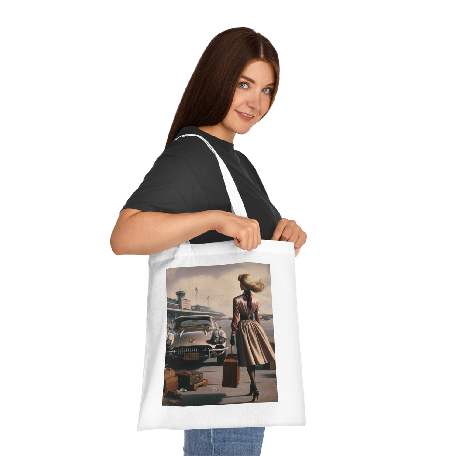 Various angles of the Vintage Travel Cotton Tote Bag highlighting its features.