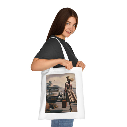 Various angles of the Vintage Travel Cotton Tote Bag highlighting its features.