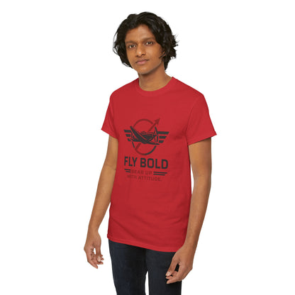 Fly Bold Graphic Tee styled for aviators, featuring a vintage airplane motif.