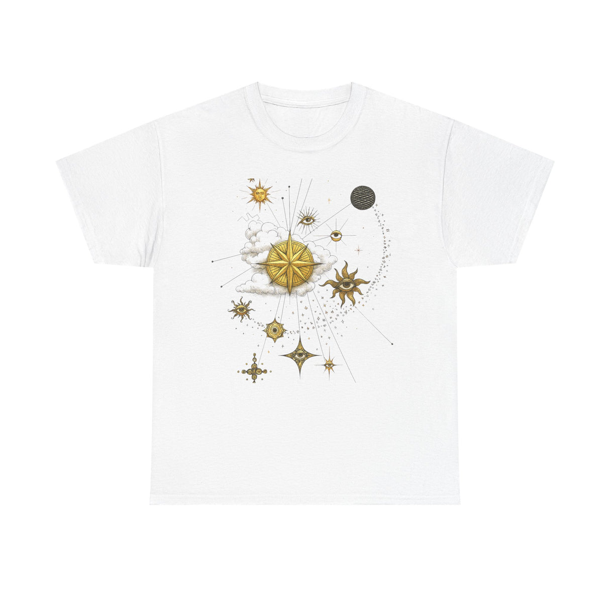 Celestial Compass Tee — Gold Star & Moon Astrology Graphic Shirt showcasing the detailed astrology graphic across the chest.