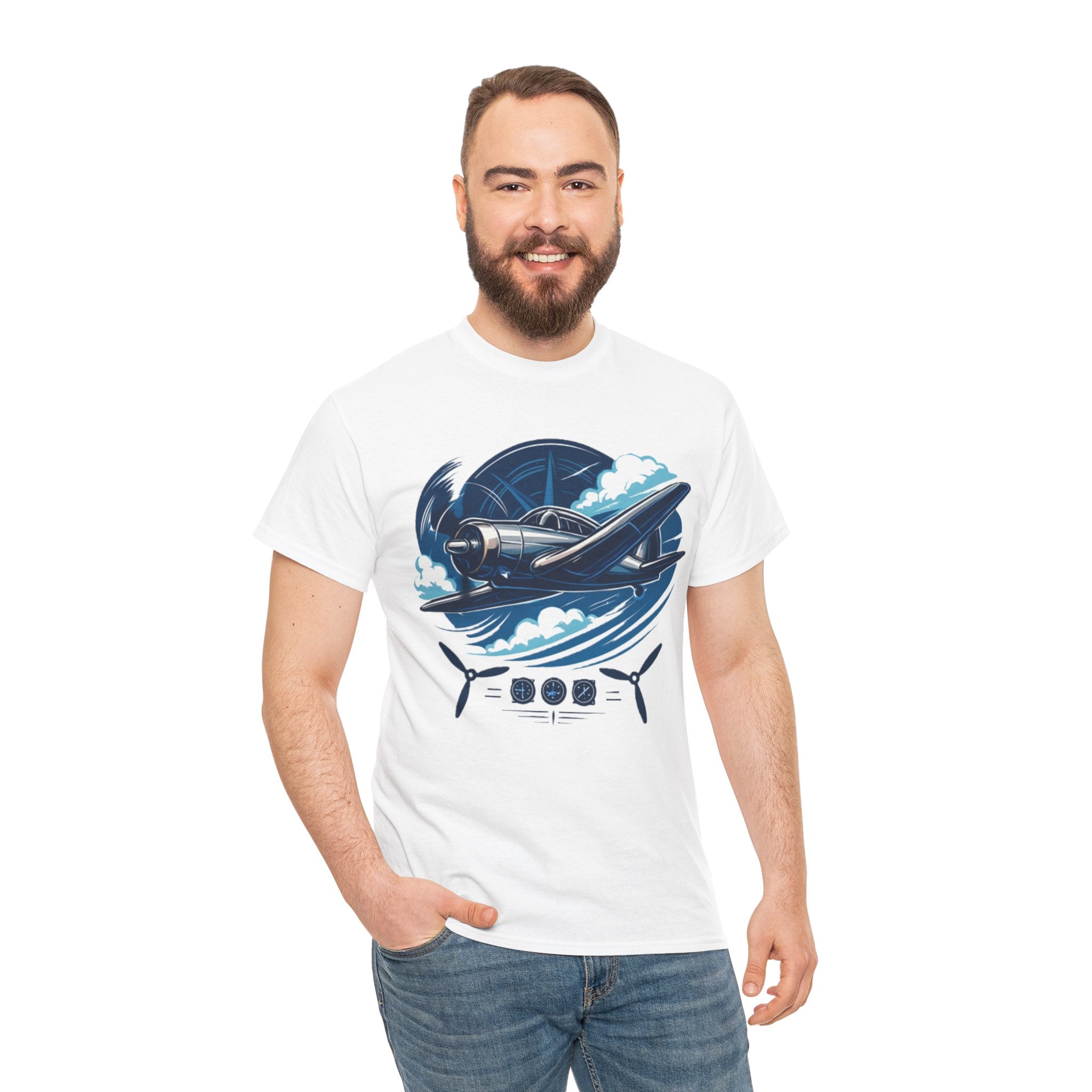 Model displaying the Vintage Propeller Plane T-Shirt with a backdrop of clouds, complementing the aviation theme.