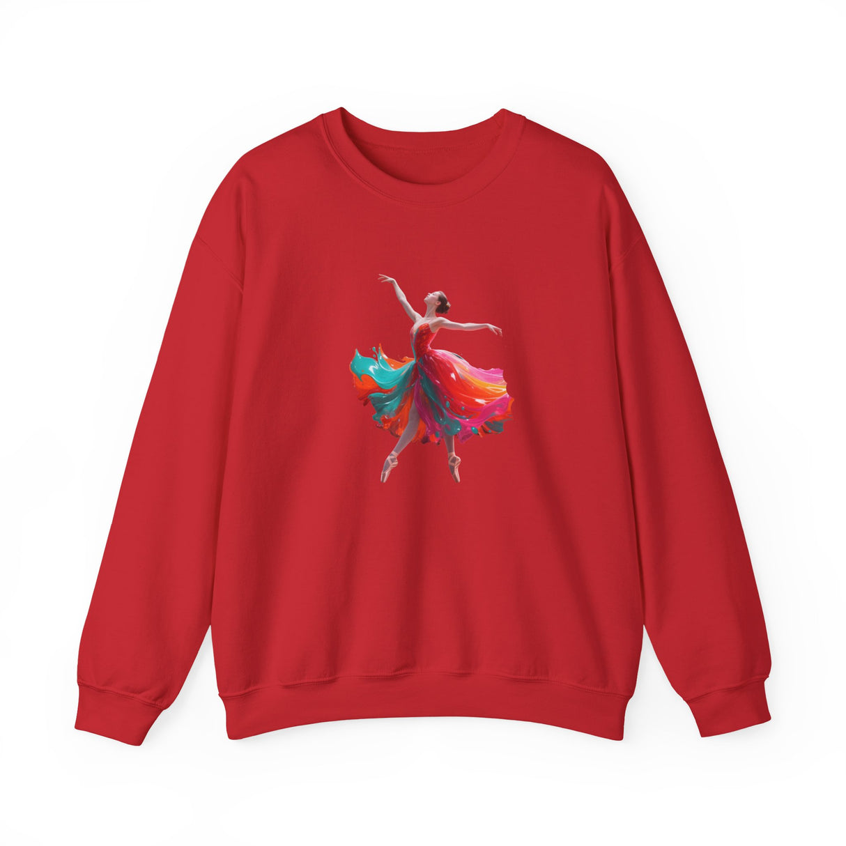 Dance Silhouette Crewneck Sweatshirt in a well-lit room showcasing its vibrant ballerina graphic.
