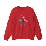 Dance Silhouette Crewneck Sweatshirt in a well-lit room showcasing its vibrant ballerina graphic.