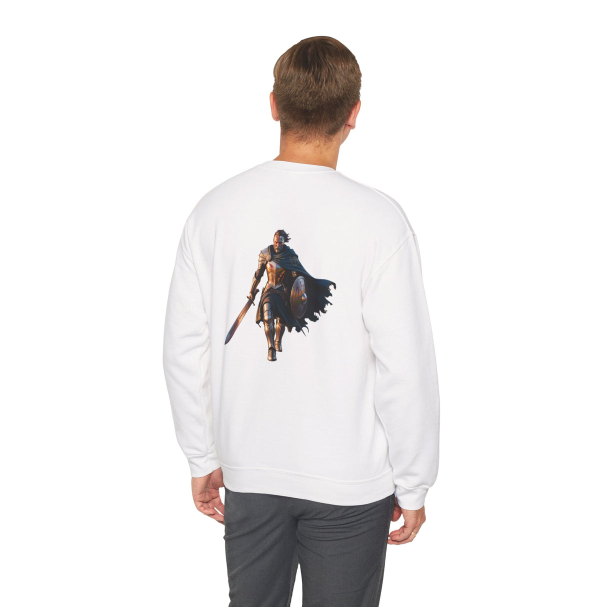Crewneck Sweatshirt featuring a Medieval Knight & Eagle Graphic, showcasing a small embroidered eagle on the chest.