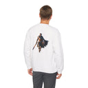 Crewneck Sweatshirt featuring a Medieval Knight & Eagle Graphic, showcasing a small embroidered eagle on the chest.