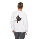 Crewneck Sweatshirt featuring a Medieval Knight & Eagle Graphic, showcasing a small embroidered eagle on the chest.