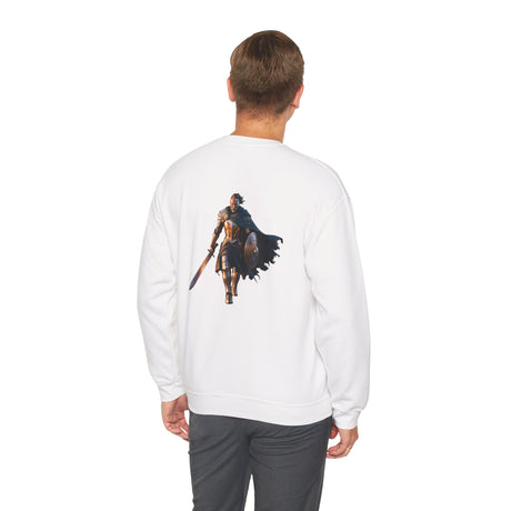 Crewneck Sweatshirt featuring a Medieval Knight & Eagle Graphic, showcasing a small embroidered eagle on the chest.