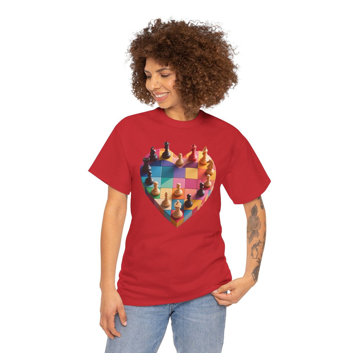 Vibrant Chess Heart T‑Shirt displayed with eye-catching chessboard graphic.