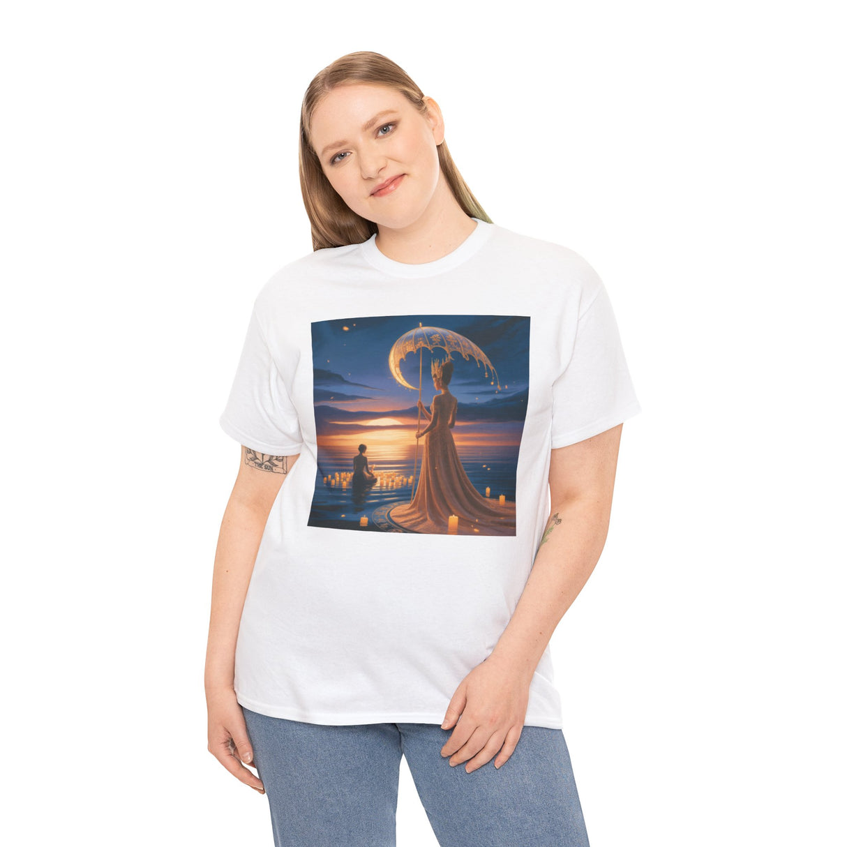 Romantic Moonlit Couple T-Shirt — Sunset Fantasy Illustration Tee shown in natural light, bringing the sunset colors to life.