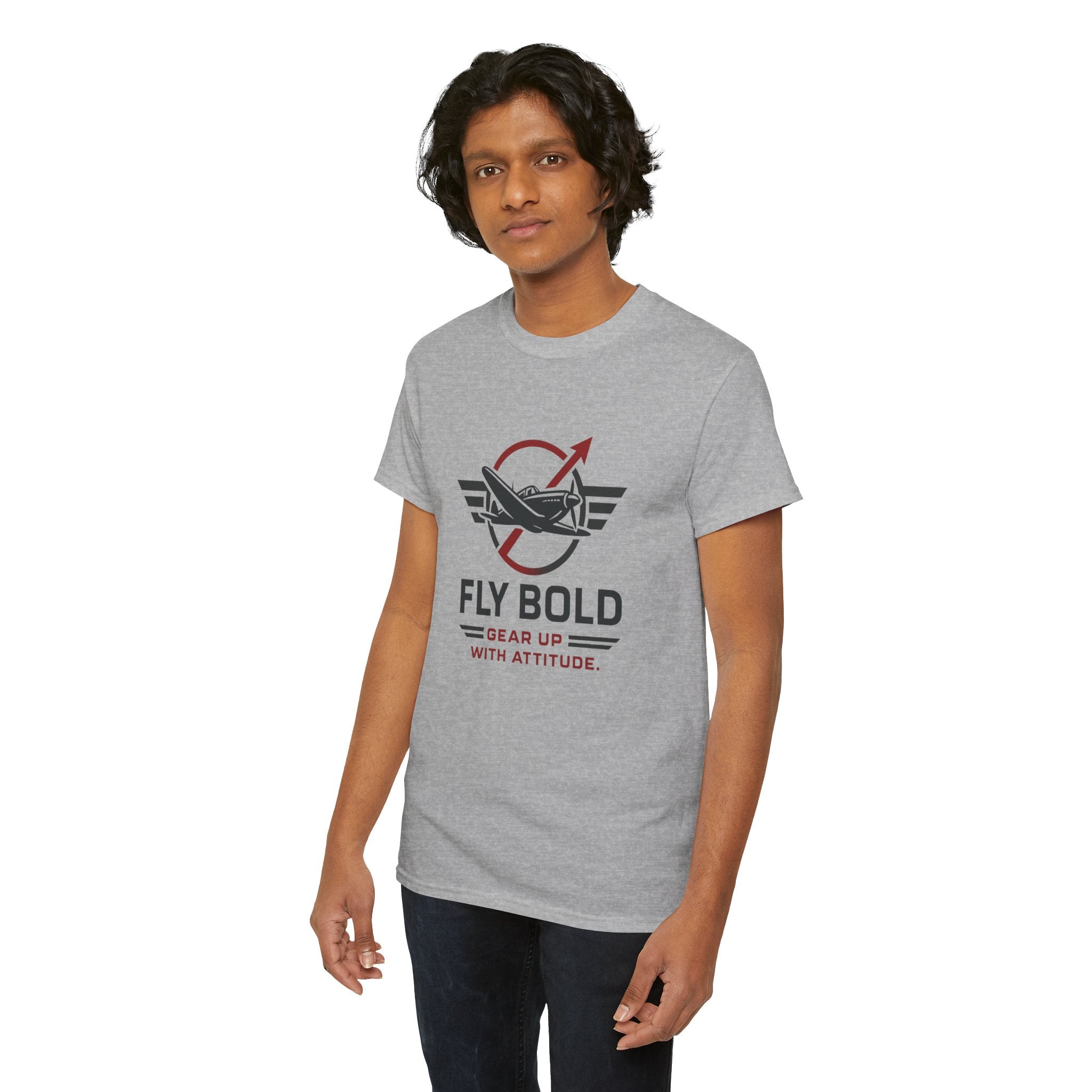 The bold ‘FLY BOLD’ headline on a vintage airplane T-shirt, combining style with aviation passion.