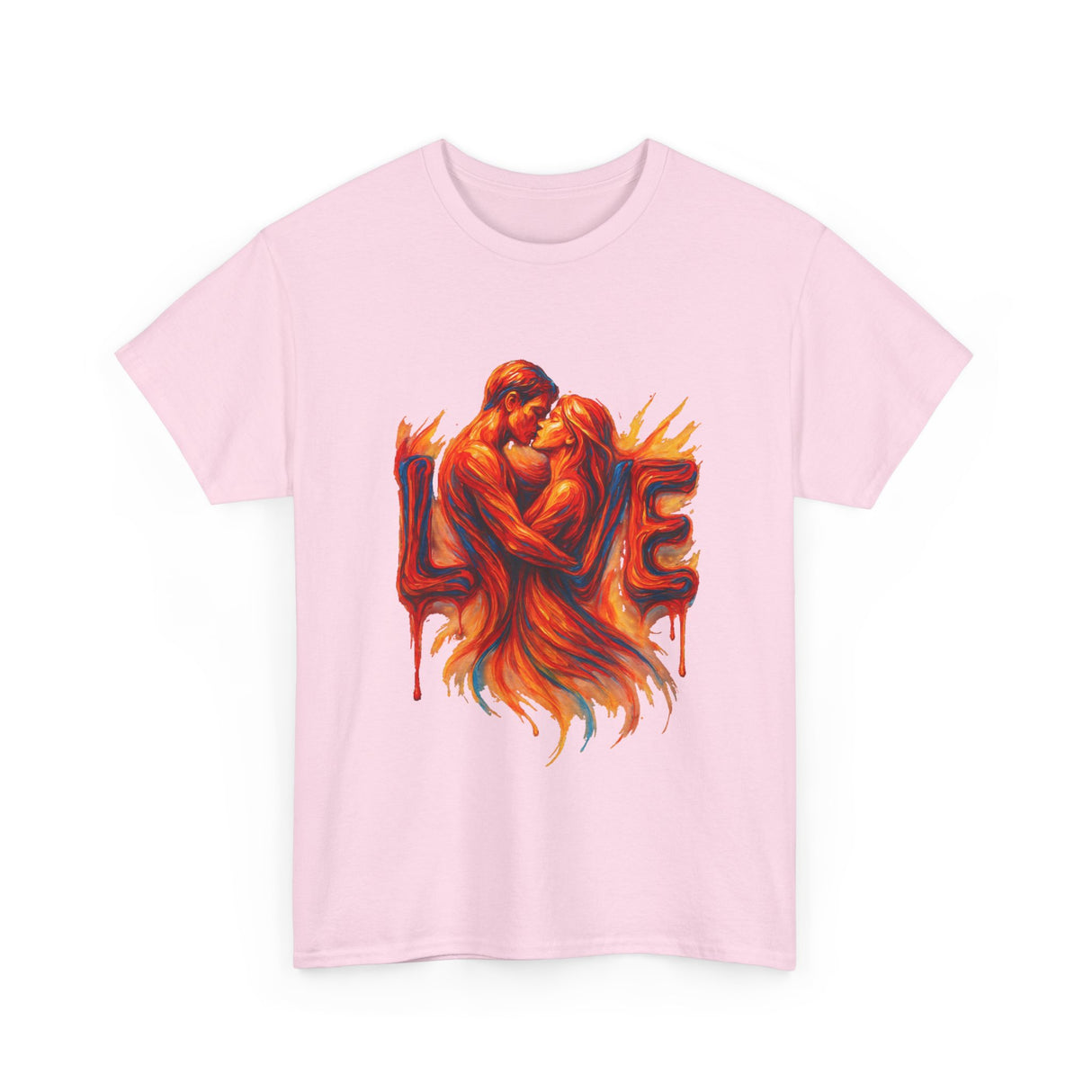 The Love Flames Graphic Tee — Fiery Embrace Romantic Couple T-Shirt styled with accessories, perfect for an expressive outfit.