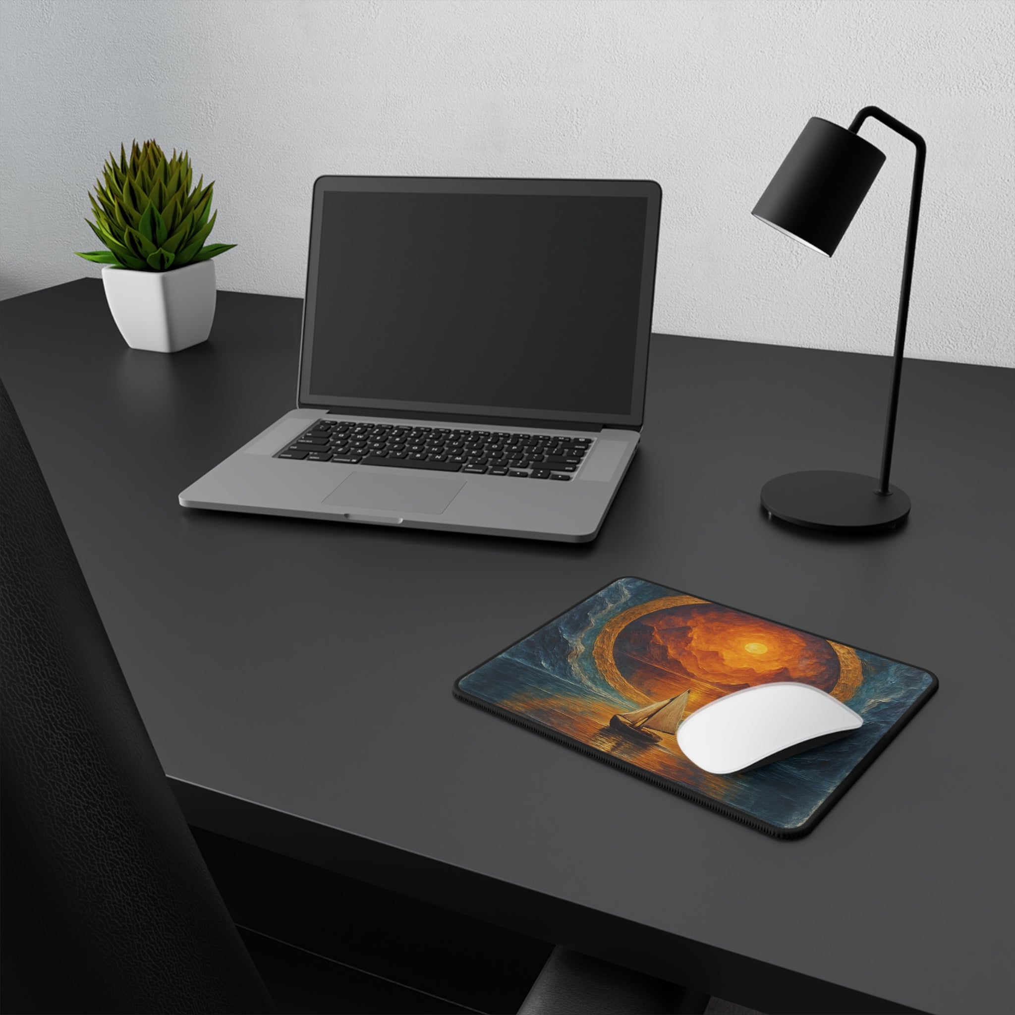 Detail of stitched anti-fray edges on the Sailing Into the Sun Gaming Mouse Pad, ensuring the artwork remains crisp and vibrant.