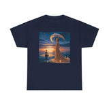 Romantic Moonlit Couple T-Shirt — Sunset Fantasy Illustration Tee displayed on a casual hanger, emphasizing its relaxed fit and soft texture.