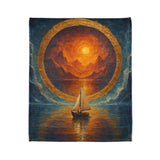 Sailing into the Sun Fleece Blanket showcasing a small sailboat and a vibrant sunset over still water.