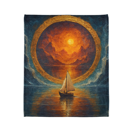 Sailing into the Sun Fleece Blanket showcasing a small sailboat and a vibrant sunset over still water.